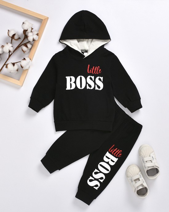 【12M-7Y】Boys Letter Print Hooded Long Sleeve Sweatshirt And Pants Set - 3488