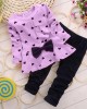 【12M-4Y】Girl Sweet Love Print Bow Long Sleeve T-shirt And Pants Set - 34229