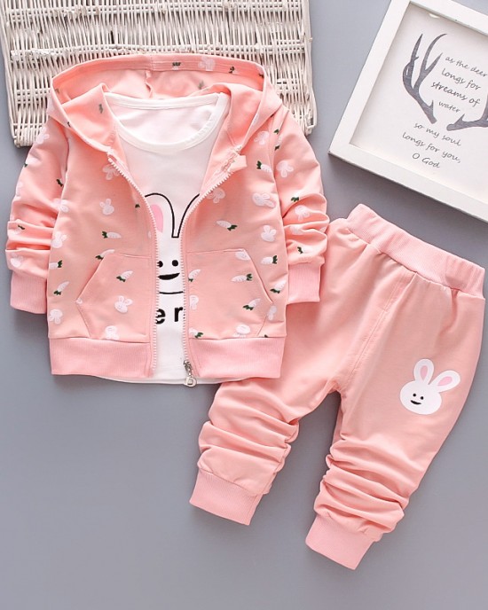 【12M-4Y】Children Clothes Girls 3-piece Rabbit Print Cotton Long-sleeved T-shirt and Pants Hoodie Coat Set - 34220