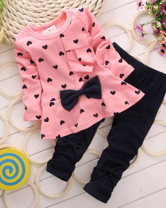 【12M-4Y】Girl Sweet Love Print Bow Long Sleeve T-shirt And Pants Set - 34229