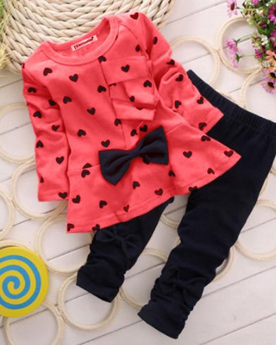 【12M-4Y】Girl Sweet Love Print Bow Long Sleeve T-shirt And Pants Set - 34229