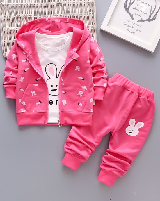 【12M-4Y】Children Clothes Girls 3-piece Rabbit Print Cotton Long-sleeved T-shirt and Pants Hoodie Coat Set - 34220