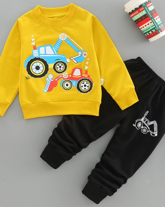 【18M-7Y】2-piece Boys Casual Digger And Shovel Print Round Neck Long Sleeve Sweatshirt And Pants Set