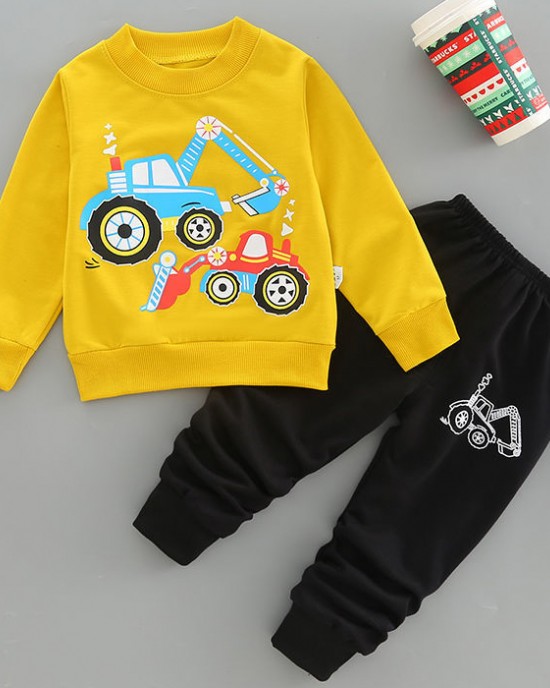 【18M-7Y】2-piece Boys Casual Digger And Shovel Print Round Neck Long Sleeve Sweatshirt And Pants Set