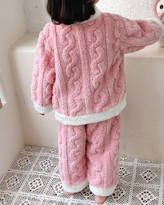 【12M-6Y】2-piece Girls Cute Bunny Pocket Coral Velvet Pajama Set