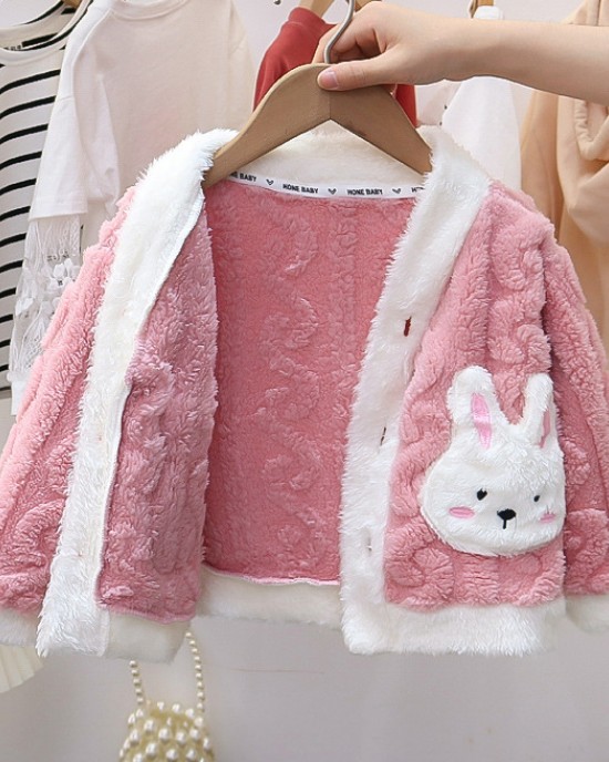 【12M-6Y】2-piece Girls Cute Bunny Pocket Coral Velvet Pajama Set