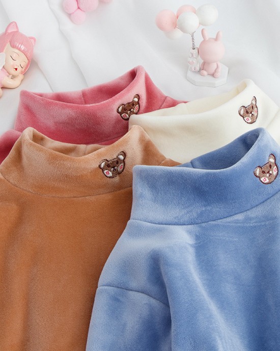 【3Y-12Y】Kids Casual Cartoon Bear Embroidered Half Turtleneck Fleece T-Shirt