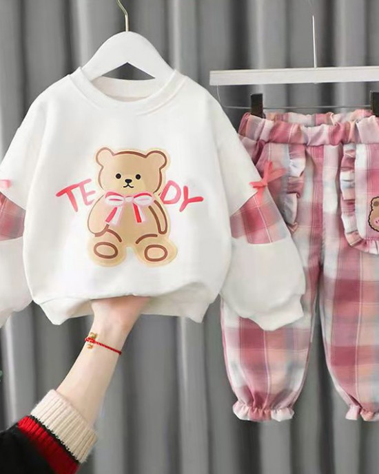 【12M-5Y】2-piece Girls Cute Bear And Letter Print Round Neck Long Sleeve Sweatshirt And Plaid Pants Set - 34423