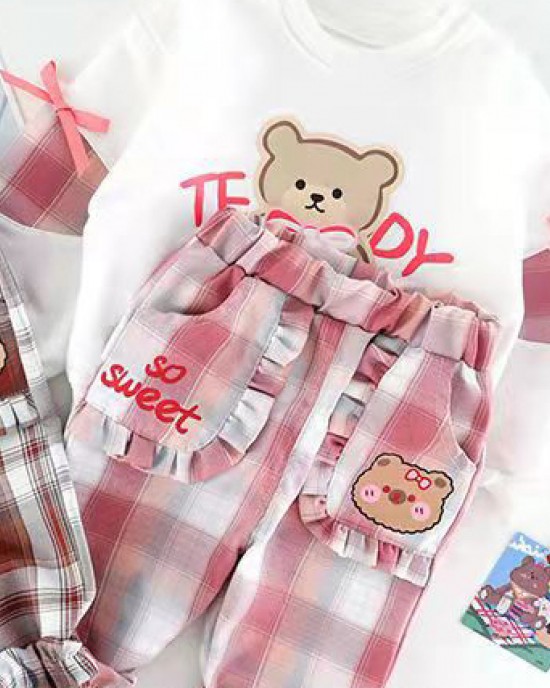 【12M-5Y】2-piece Girls Cute Bear And Letter Print Round Neck Long Sleeve Sweatshirt And Plaid Pants Set - 34423