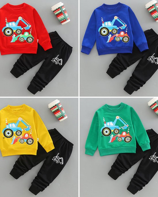 【18M-7Y】2-piece Boys Casual Digger And Shovel Print Round Neck Long Sleeve Sweatshirt And Pants Set