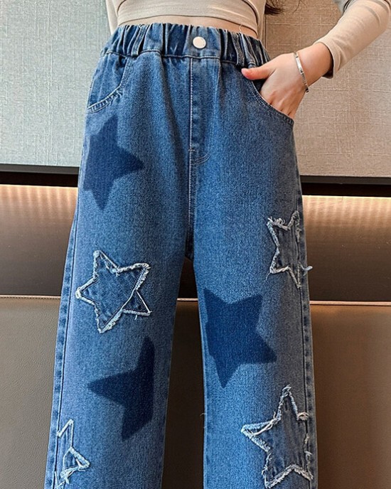 【3Y-12Y】Girls Fashion Star Embroidered Blue Jeans