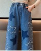 【3Y-12Y】Girls Fashion Star Embroidered Blue Jeans