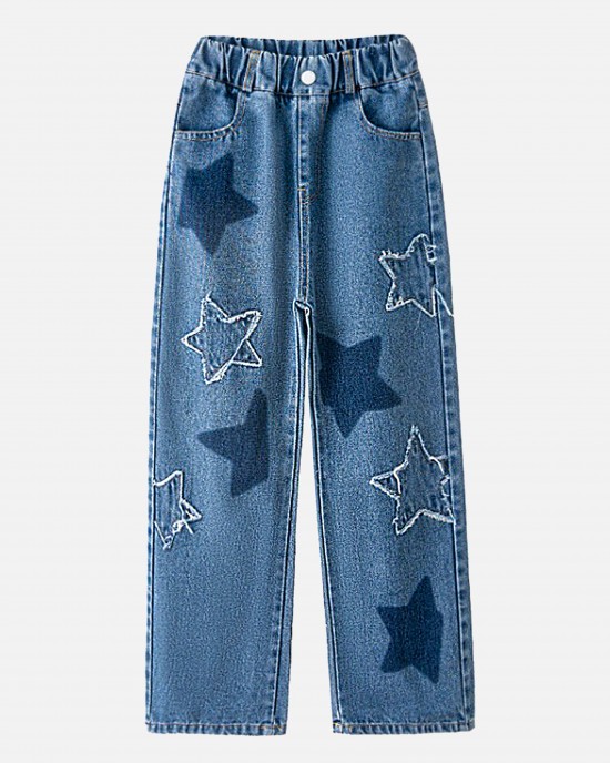 【3Y-12Y】Girls Fashion Star Embroidered Blue Jeans