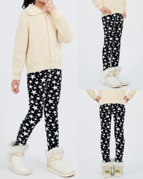 【3Y-12Y】Girls Stylish Leopard And Flowers And Cartoon Print Thickened Fleece Leggings