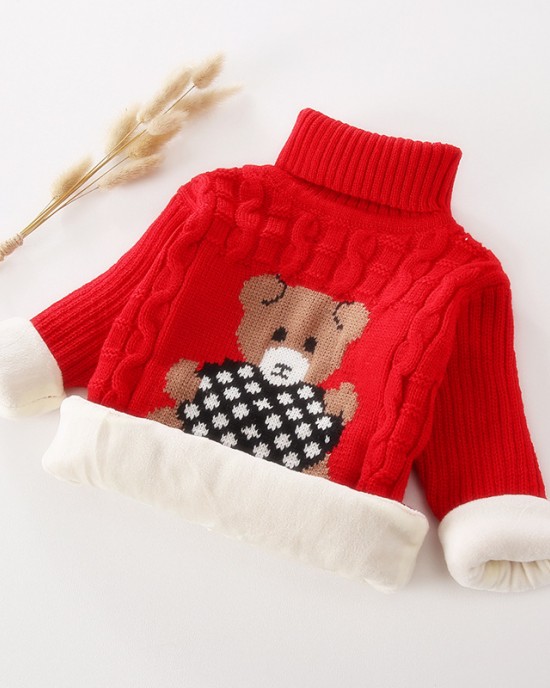 【18M-9Y】Kids Fashion Bear Pattern High Quality Fleece Thickened Funnel Neck Sweater - 9108