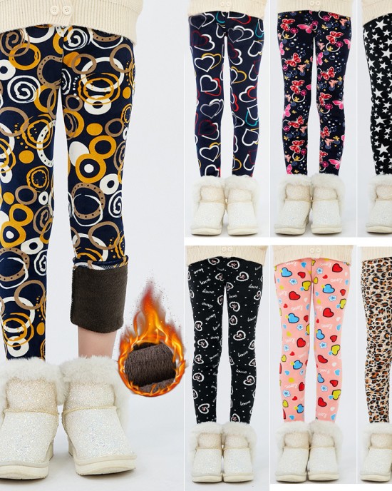 【3Y-12Y】Girls Stylish Leopard And Flowers And Cartoon Print Thickened Fleece Leggings