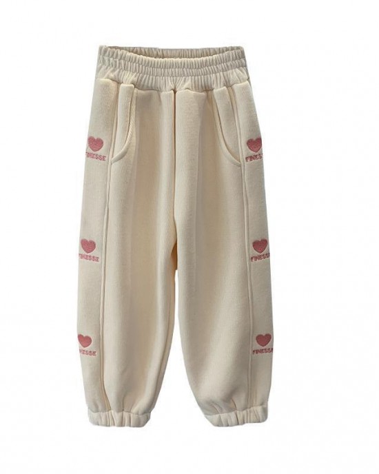 【18M-8Y】Girls Stylish Heart Shape And Letter Embroidered Thick Fleece Pants