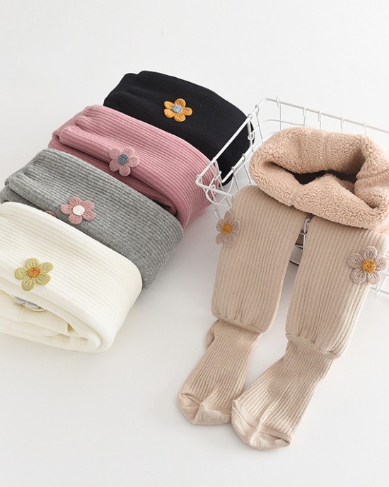 【1Y-11Y】Girls Cute Floral Embroidery Thickened Fleece Pantyhose