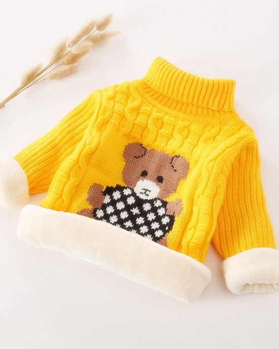 【18M-9Y】Kids Fashion Bear Pattern High Quality Fleece Thickened Funnel Neck Sweater - 9108