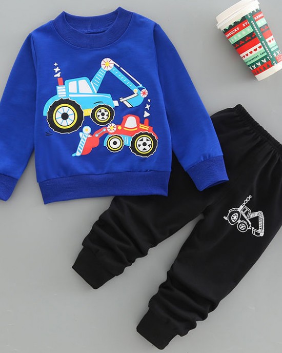 【18M-7Y】2-piece Boys Casual Digger And Shovel Print Round Neck Long Sleeve Sweatshirt And Pants Set