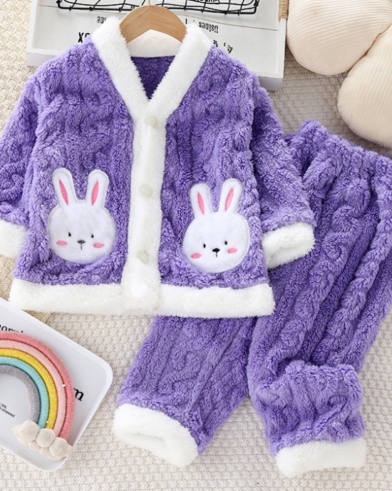 【12M-6Y】2-piece Girls Cute Bunny Pocket Coral Velvet Pajama Set