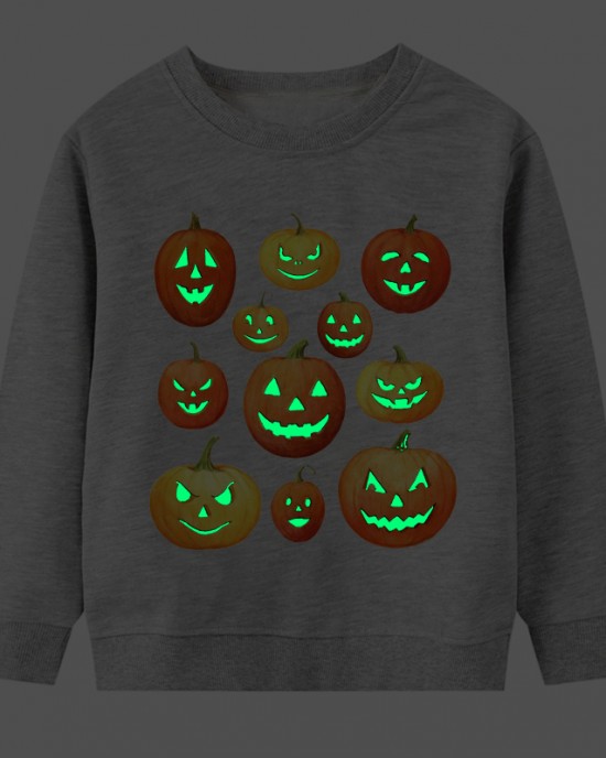 【2Y-9Y】Kids Casual Luminous Halloween Pumpkin Print Long Sleeve Sweatshirt