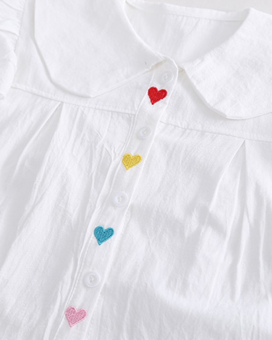 【12M-5Y】2-piece Girl White Heart-shaped Embroidered Doll Collar Long Sleeve Shirt And Colorblock Jeans Set - 34409