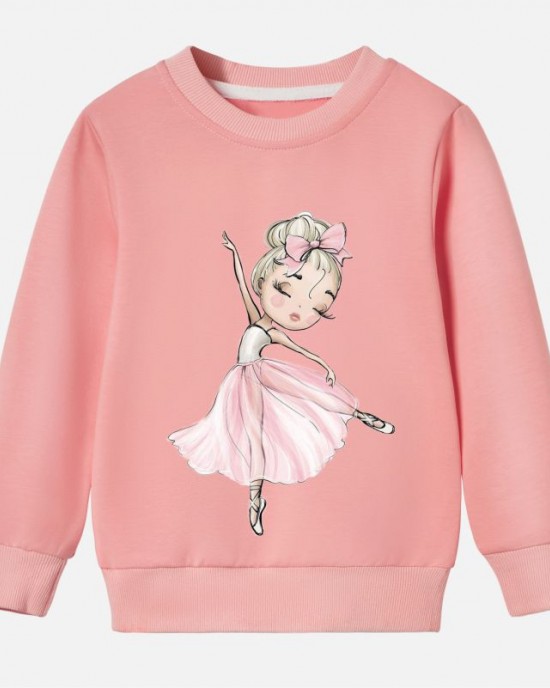 【12M-9Y】Girl Cotton Stain Resistant Ballerina Girl Print Long Sleeve Sweatshirt - 7206