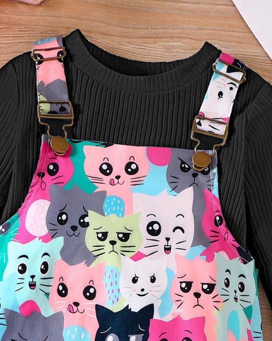 【18M-6Y】2-piece Girl Cute White Long Sleeve T-shirt And Colorful Cartoon Cat Print Suspender Dress Set - 34436