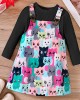 【18M-6Y】2-piece Girl Cute White Long Sleeve T-shirt And Colorful Cartoon Cat Print Suspender Dress Set - 34436