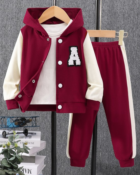 【18M-8Y】2-piece Unisex Letter Embroidered Colorblock Hooded Sports Coat And Pants Set - 34442