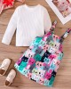 【18M-6Y】2-piece Girl Cute White Long Sleeve T-shirt And Colorful Cartoon Cat Print Suspender Dress Set - 34436