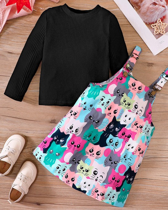 【18M-6Y】2-piece Girl Cute White Long Sleeve T-shirt And Colorful Cartoon Cat Print Suspender Dress Set - 34436