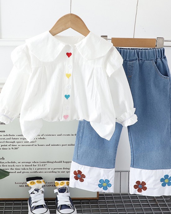 【12M-5Y】2-piece Girl White Heart-shaped Embroidered Doll Collar Long Sleeve Shirt And Colorblock Jeans Set - 34409