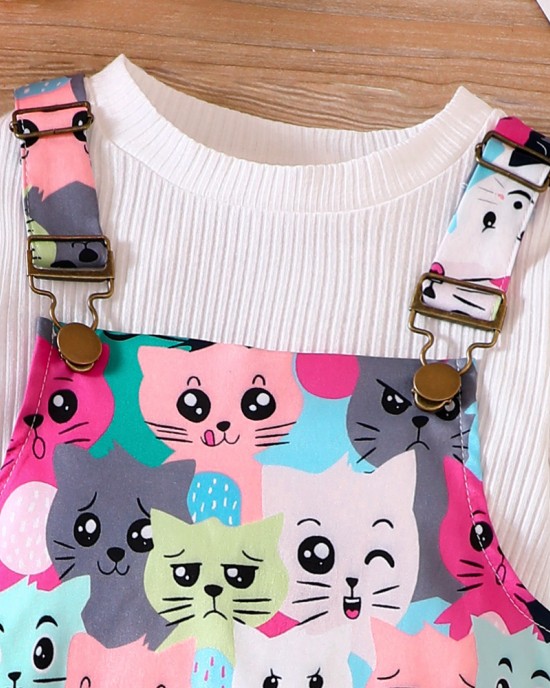 【18M-6Y】2-piece Girl Cute White Long Sleeve T-shirt And Colorful Cartoon Cat Print Suspender Dress Set - 34436