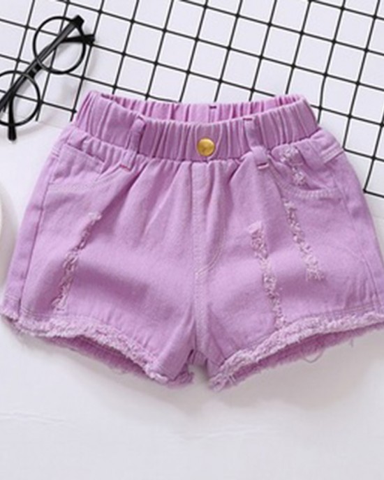 【18M-13Y】Girl Summer Casual Multicolor Ripped Washed Denim Shorts