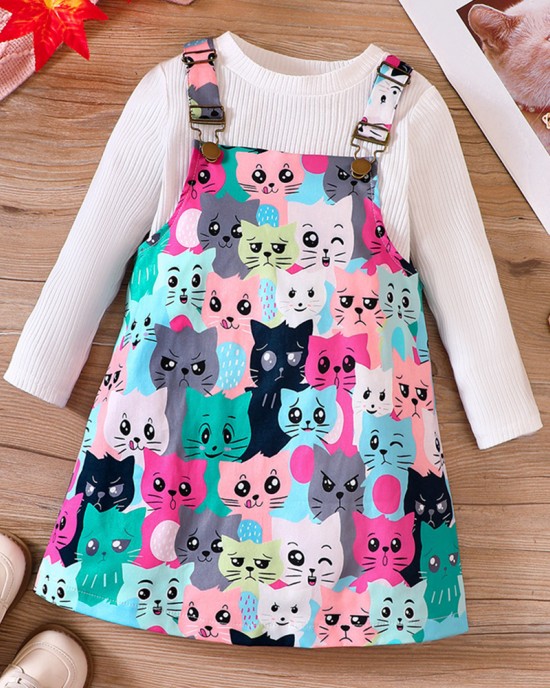 【18M-6Y】2-piece Girl Cute White Long Sleeve T-shirt And Colorful Cartoon Cat Print Suspender Dress Set - 34436