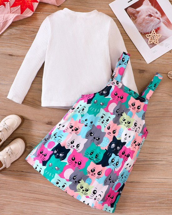 【18M-6Y】2-piece Girl Cute White Long Sleeve T-shirt And Colorful Cartoon Cat Print Suspender Dress Set - 34436