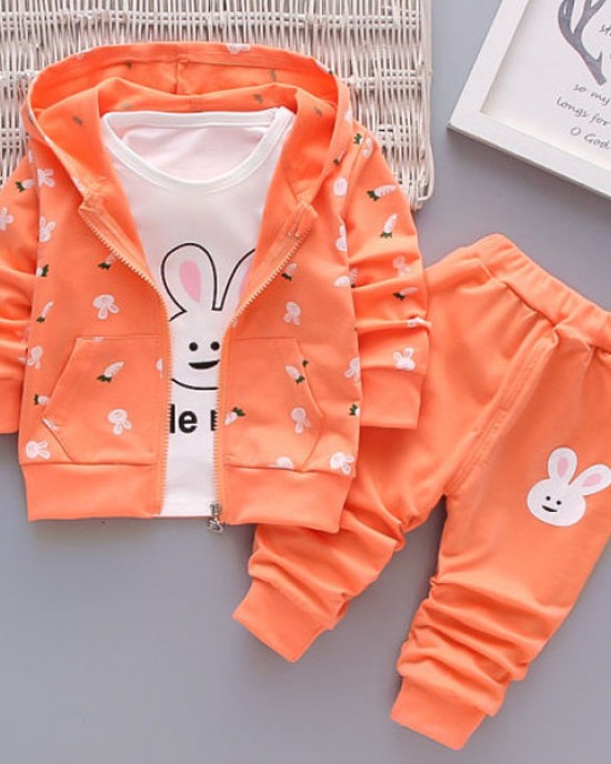 【12M-4Y】Children Clothes Girls 3-piece Rabbit Print Cotton Long-sleeved T-shirt and Pants Hoodie Coat Set - 34220