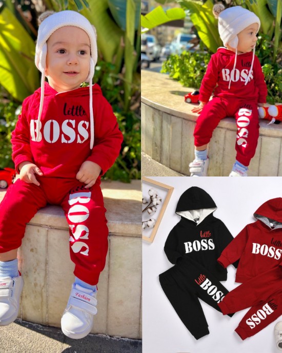 【12M-7Y】Boys Letter Print Hooded Long Sleeve Sweatshirt And Pants Set - 3488