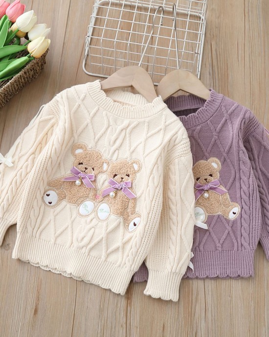 【18M-6Y】Girls Bear Embroidered Round Neck Long Sleeve Sweater - 31120