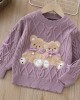 【18M-6Y】Girls Bear Embroidered Round Neck Long Sleeve Sweater - 31120