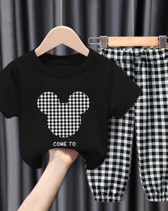 【18M-9Y】Unisex Kids Cartoon Print Short-sleeved T-shirt And Plaid Pants Set - 34359