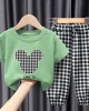 【18M-9Y】Unisex Kids Cartoon Print Short-sleeved T-shirt And Plaid Pants Set - 34359