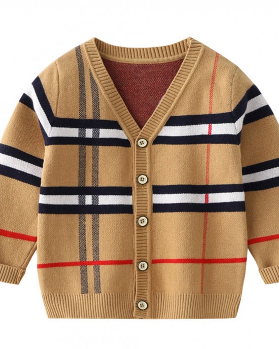 【2Y-9Y】Unisex Kids Plaid Long Sleeve Sweater Cardigan