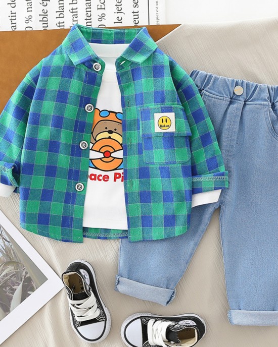 【9M-4Y】3-piece Boys Bear Print Long-sleeved T-shirt And Plaid Shirt And Jeans Set