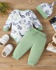 【0M-18M】3-piece Baby Boy Dinosaur Print Long Sleeve Romper And Pants Set With Hat