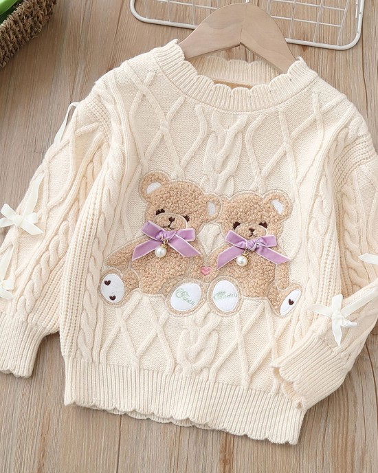 【18M-6Y】Girls Bear Embroidered Round Neck Long Sleeve Sweater - 31120