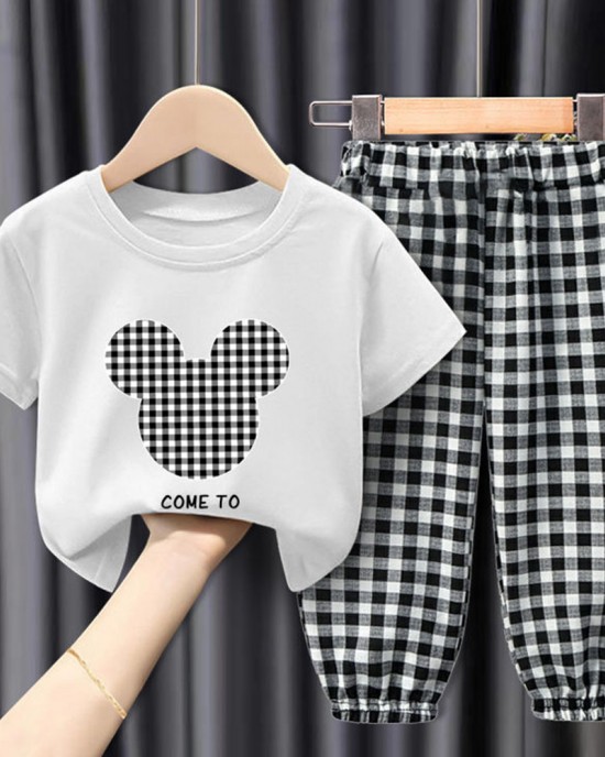 【18M-9Y】Unisex Kids Cartoon Print Short-sleeved T-shirt And Plaid Pants Set - 34359