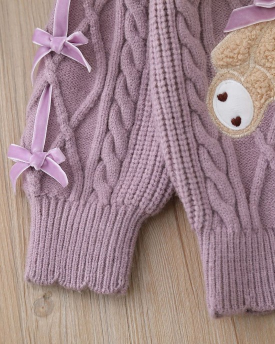 【18M-6Y】Girls Bear Embroidered Round Neck Long Sleeve Sweater - 31120